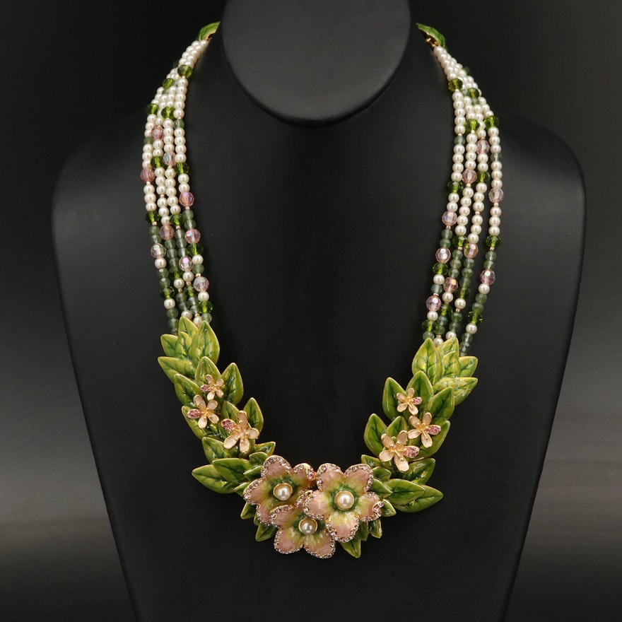 Jay Strongwater "Spring Bloosom" Rhinestone and Pearl Floral Necklace