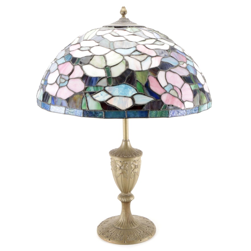 Art Nouveau Style Poppies Cast Metal Table Lamp with Slag Glass Floral Shade