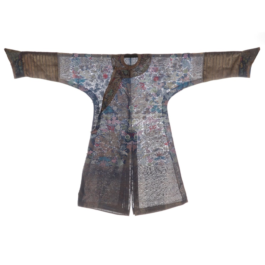Men's Chinese Silk Gauze Fauna and Flora Embroidered Mesh Manchu Jifu Robe
