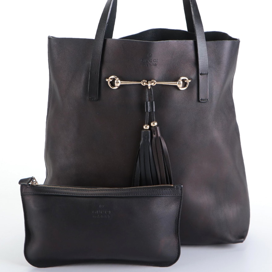 Gucci Park Avenue Medium Tote Bag in Black Calfskin Leather with Zip Pouch