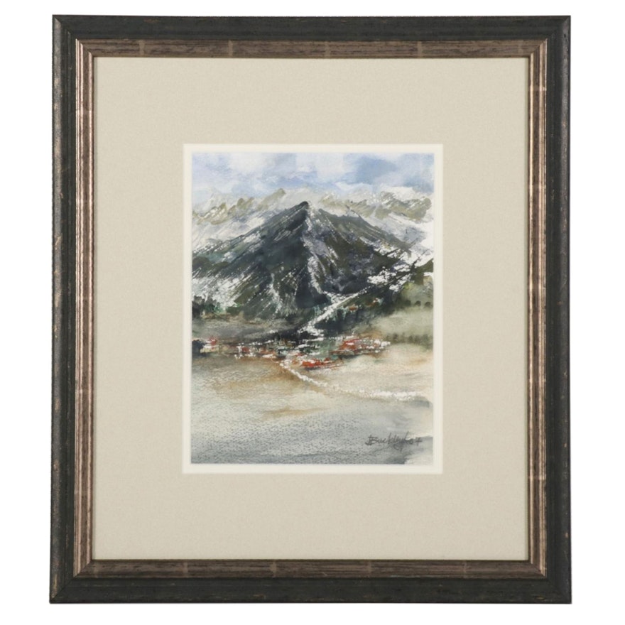 J. Buckley Landscape Watercolor Painting of Snow-Capped Mountains, 2007