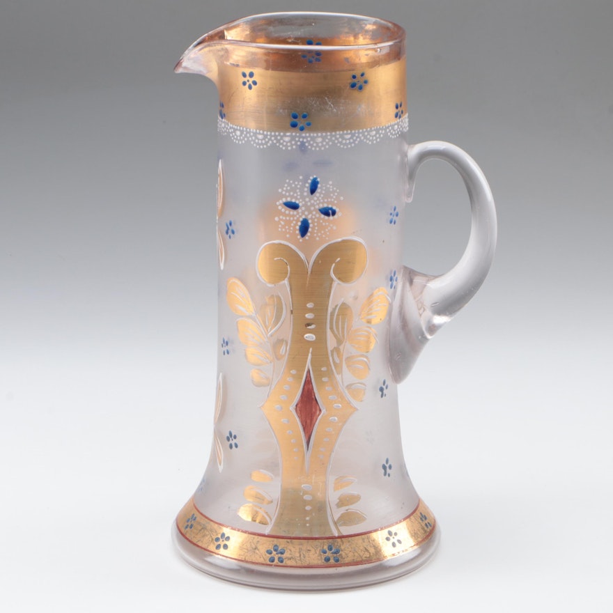 Moser Style Enameled Glass Pitcher, Early to Mid 20th Century