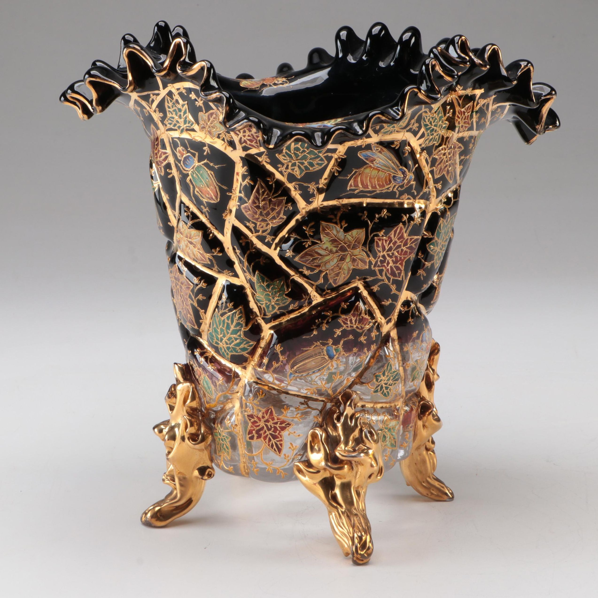 Moser Glass Vase with Enameled Insects and Leaves, Late 19th/Early 20th Century