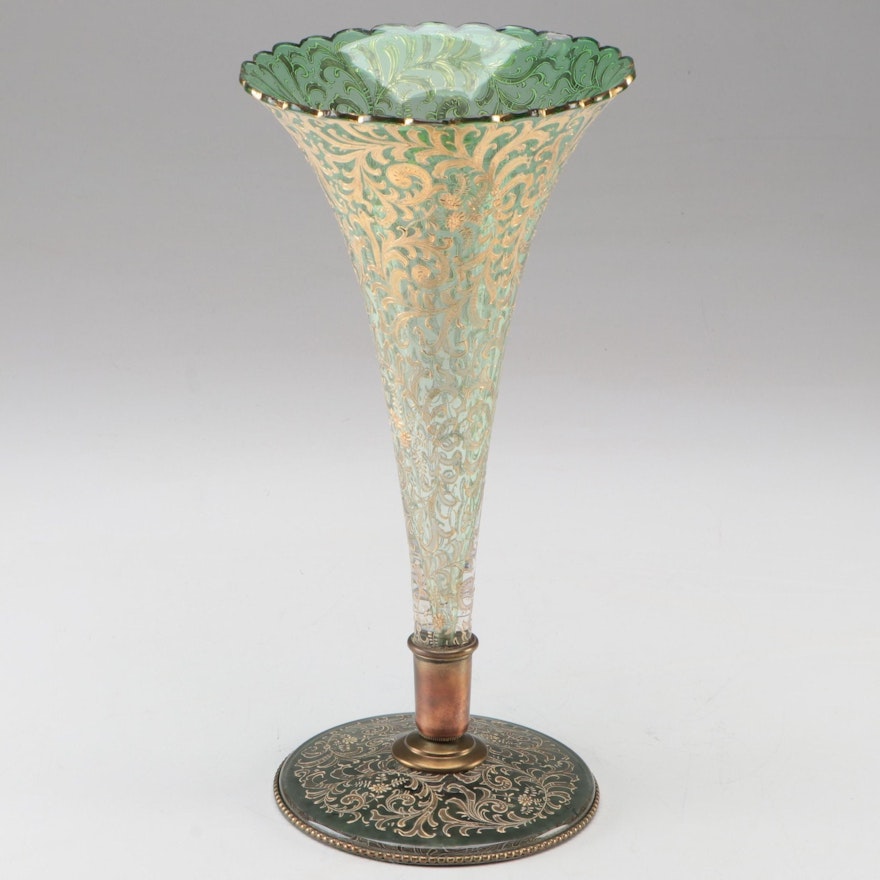 Moser Gilt and Enameled Green Glass Trumpet Vase, Late 19th/Early 20th Century