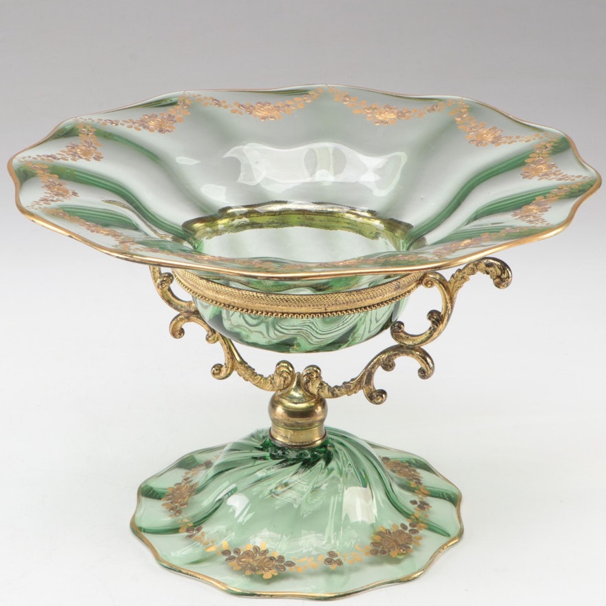 European Ormolu Mounted Green Glass Compote with Hand-Painted Gilt Flower Swags