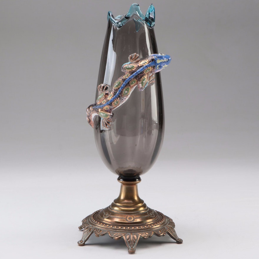 Moser Bronze Mounted Glass Vase with Applied Salamander, Late 19th/Early 20th C.