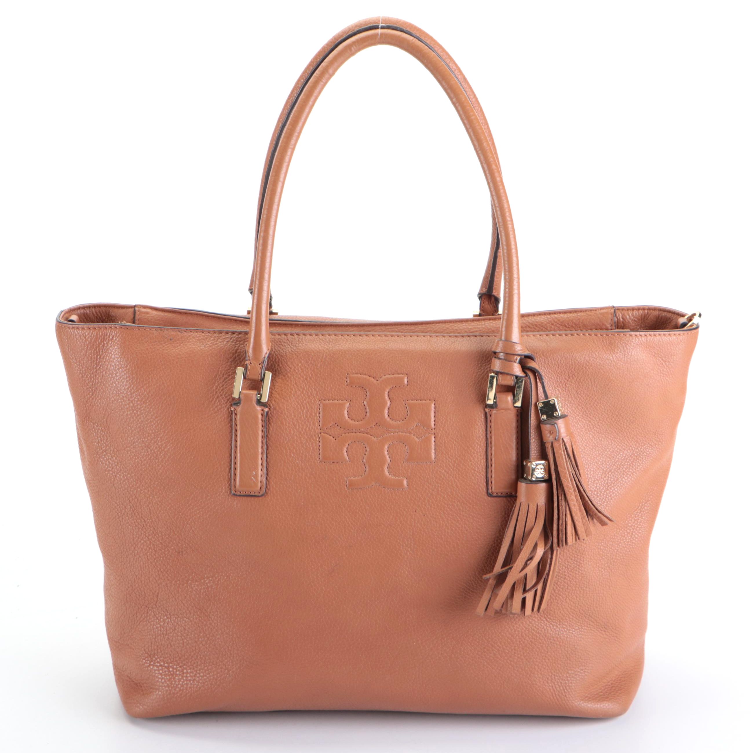 Tory Burch Brown Pebble Grain Leather Tassel Tote Bag