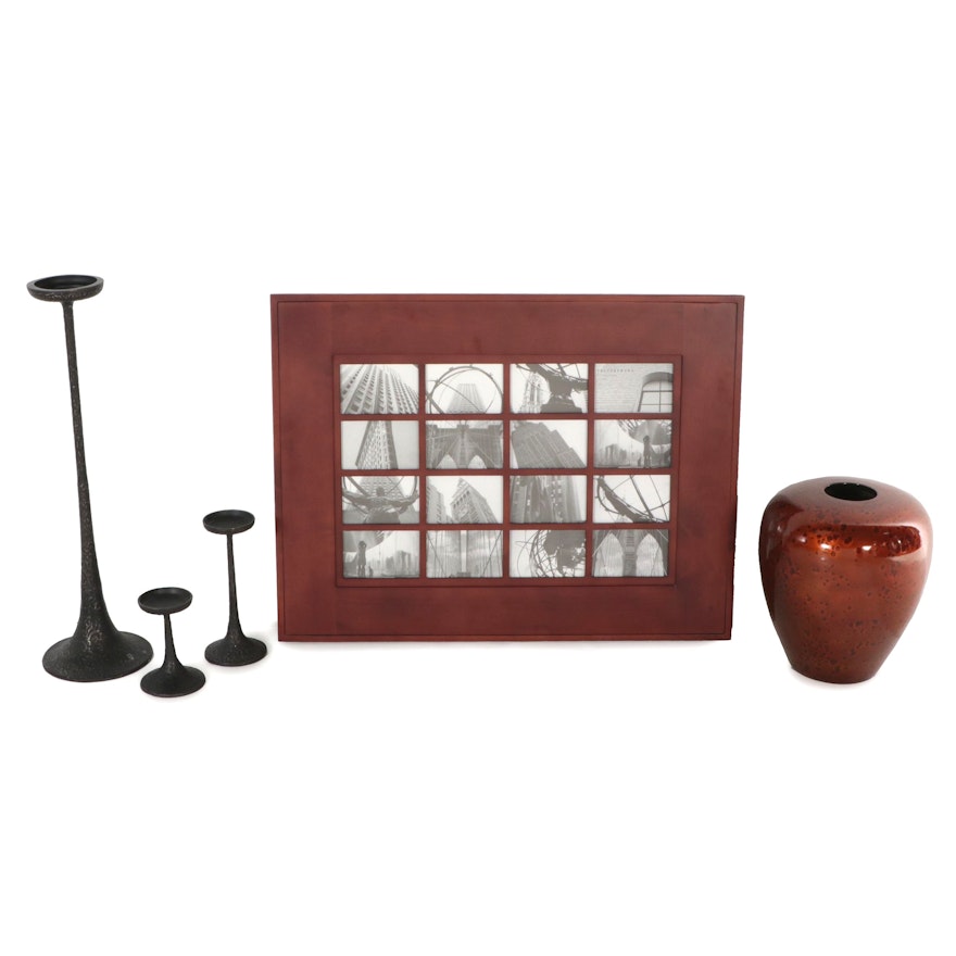 West Elm Wood Collage Frame and Metal Candle Holders with Pier 1 Vase