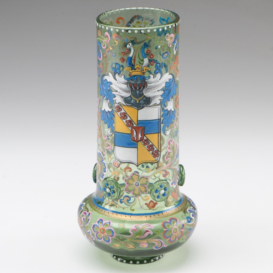 Moser Green Glass Vase with Heraldic Device and Prunts, Late 19th/Early 20th C.