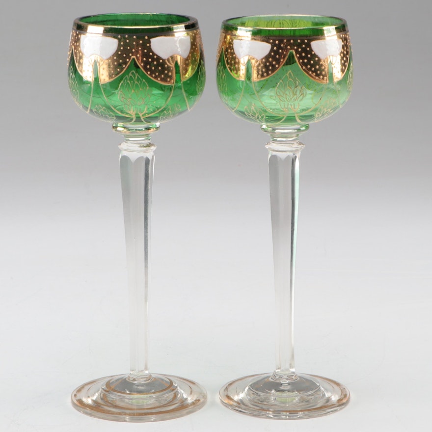 Moser Gilt and Enameled Green Wine Glasses, Late 19th/Early 20th Century