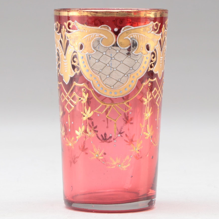 Moser Bohemian Enameled Cranberry Spirit Glass, Late 19th/ Early 20th Century