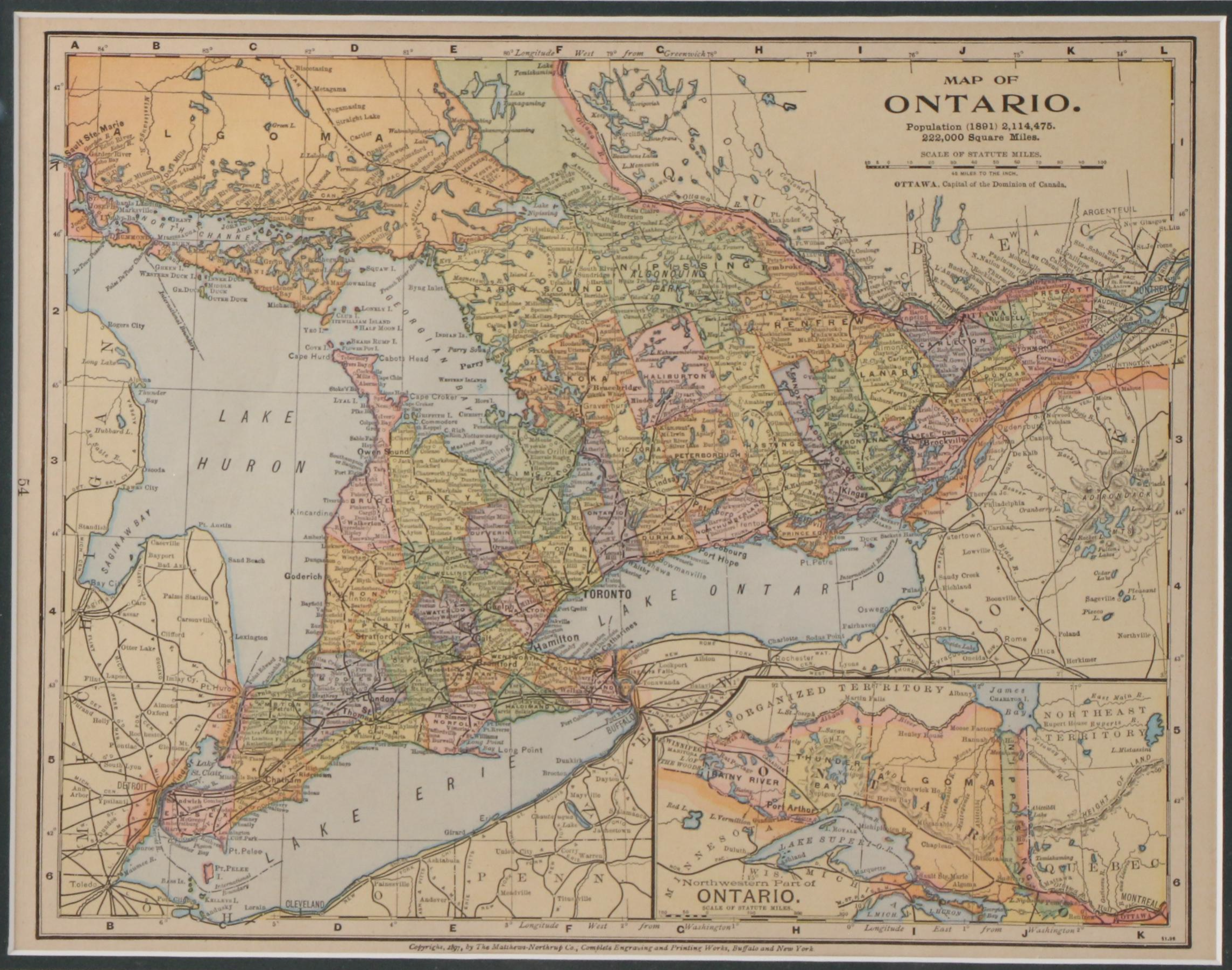 Matthews-Northrup Co. Wax Engraving "Map of Ontario," circa 1902
