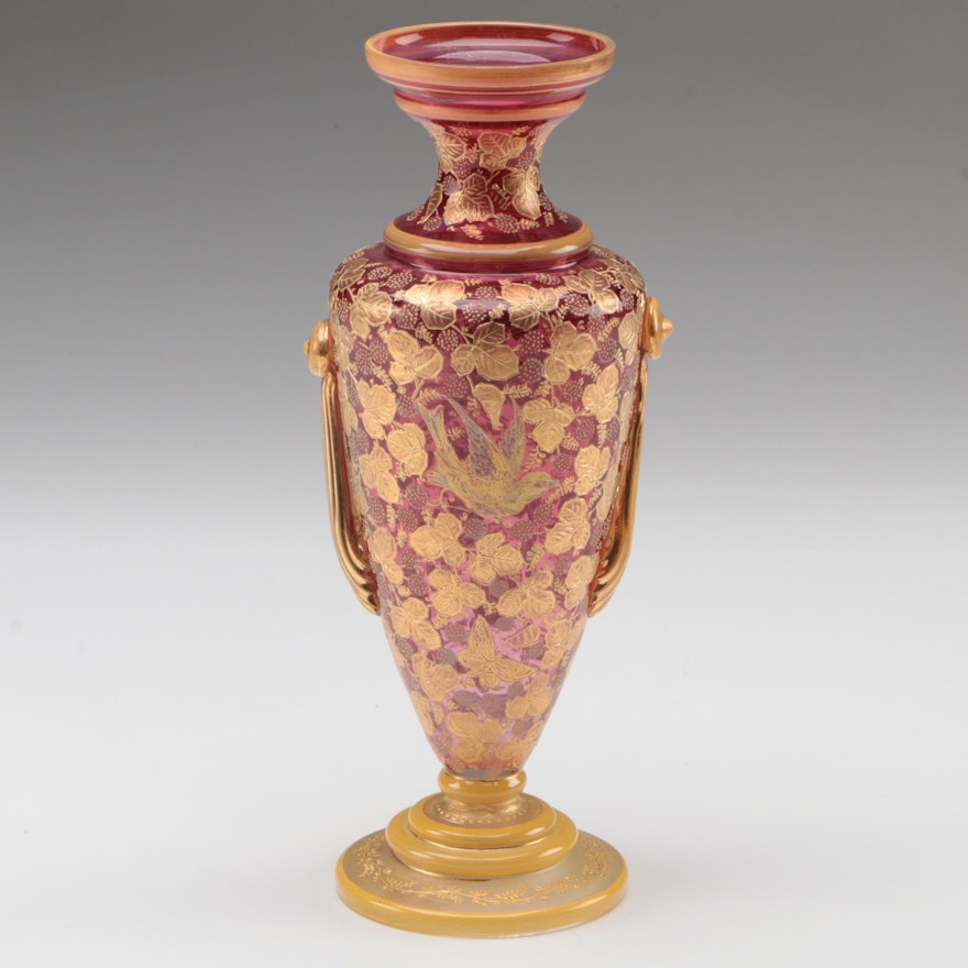 Bohemian Gilt and Enameled Cranberry to Clear Vase, Late 19th/Early 20th C.