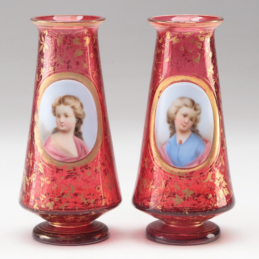 Moser Cranberry Glass Gilt Accented Portrait Vases, Late 19th Century