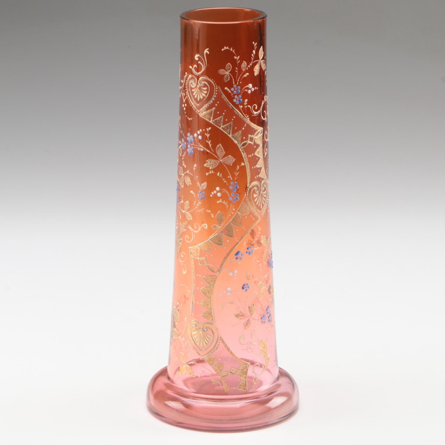 Moser Gilt and Enameled Orange to Cranberry Glass Vase, Late 19th/Early 20th C.