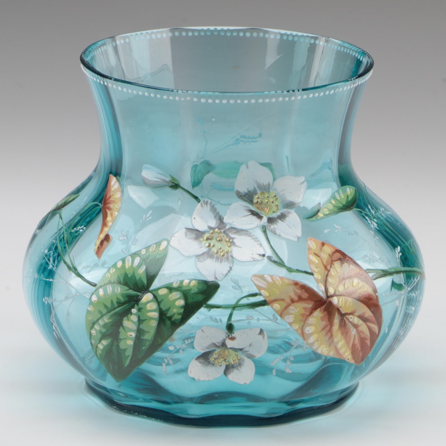 Moser Enameled Floral Blue Glass Vase, Early 20th Century