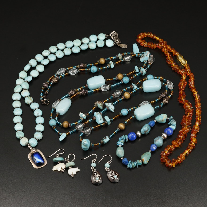 Beaded Jewelry Selection with Amber, Turquoise and Howlite