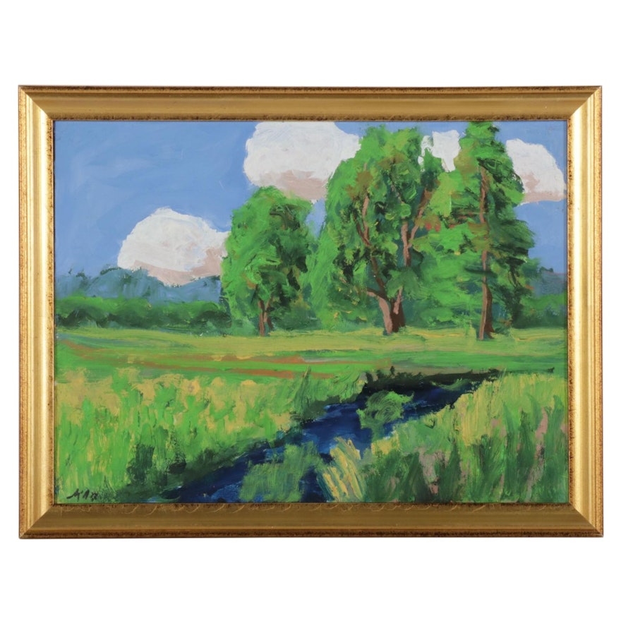 Kenneth R. Burnside Pastoral Creek Landscape Oil Painting, 21st Century