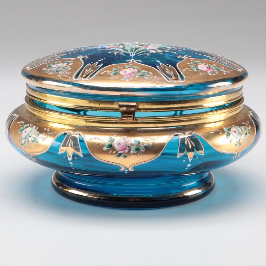 Moser Bohemian Gilt and Enamel Floral Blue Art Glass Dresser Box