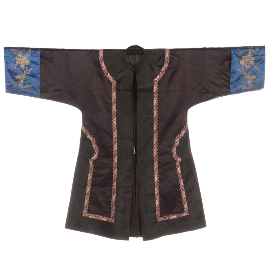 Chinese Floral Embroidered Black Satin Robe with Couching