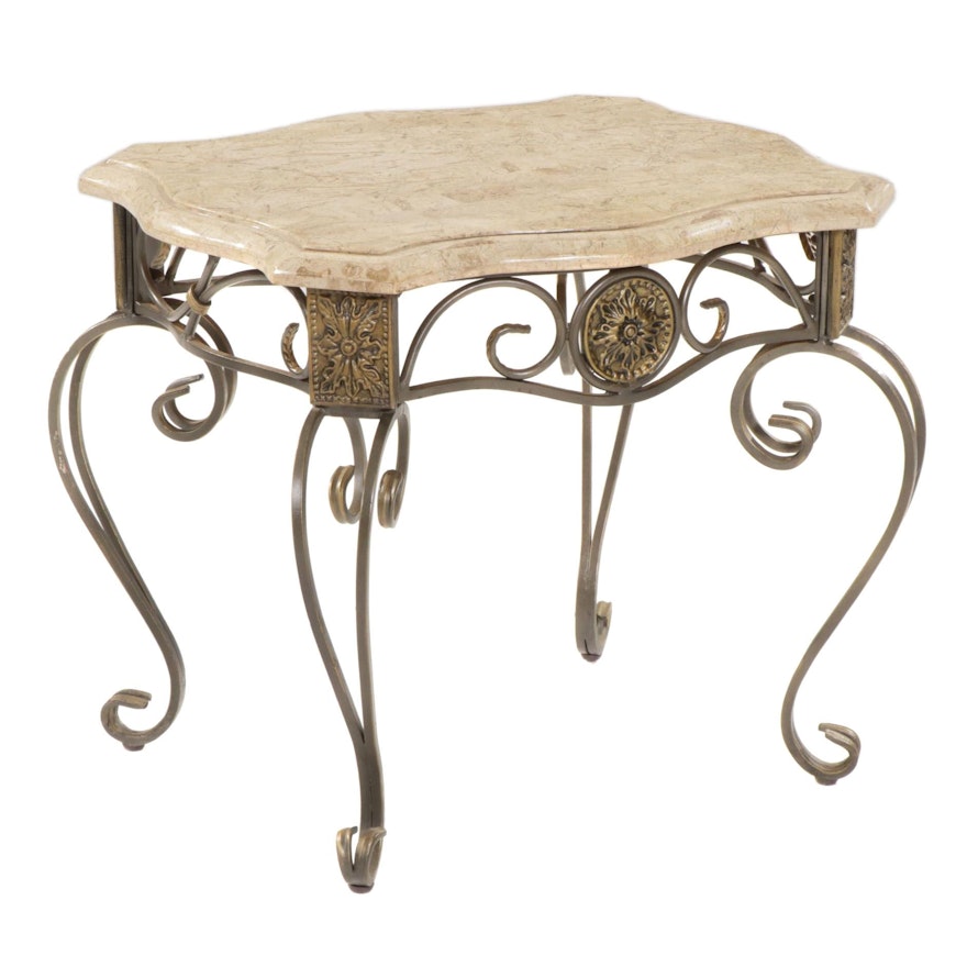 Contemporary Scrolled Metal Side Table with Tessellated Travertine Top