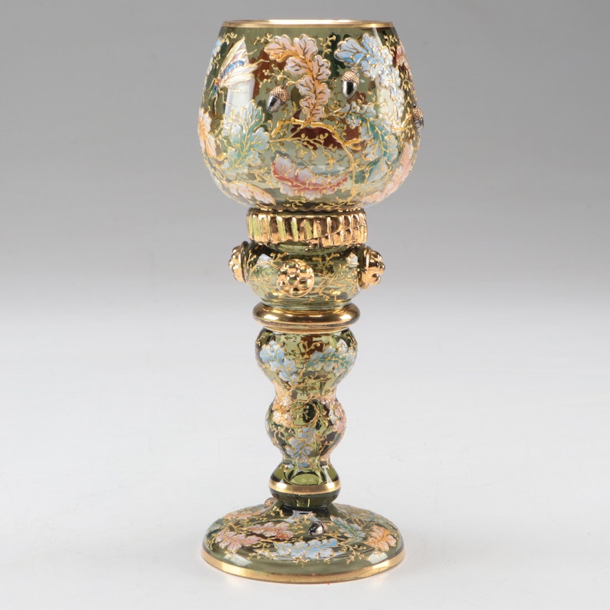 Moser Gilt and Enameled Oak Leaf Motif Goblet with Applied Acorns and Prunts