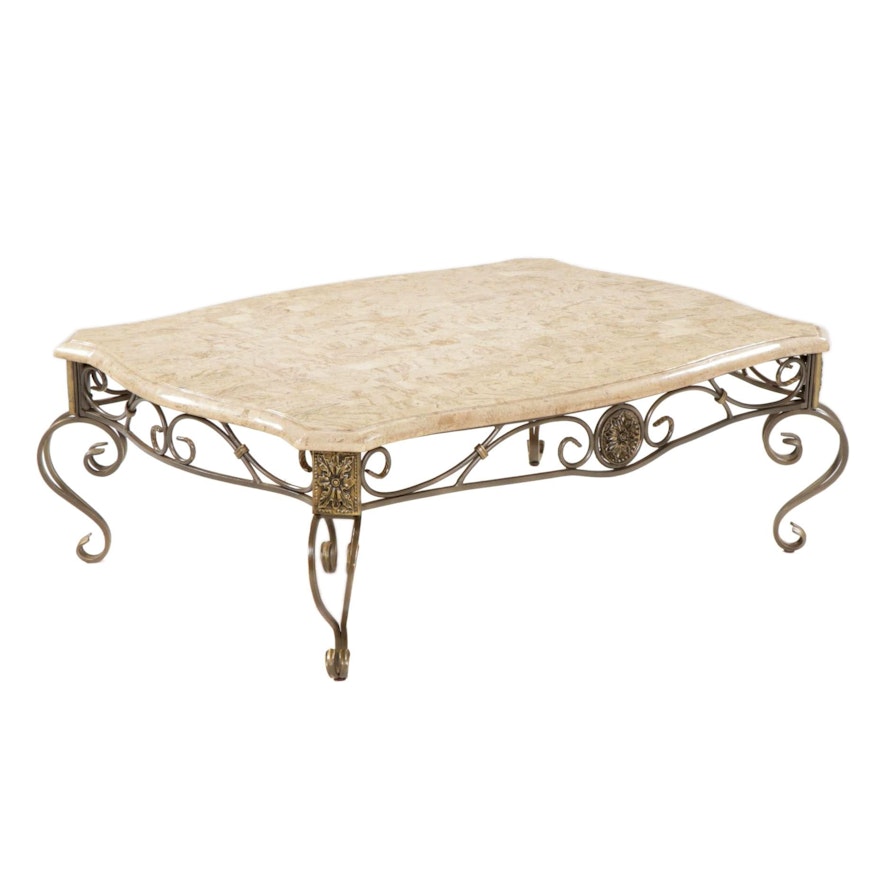 Contemporary Scrolled Metal Coffee Table with Tessellated Travertine Top