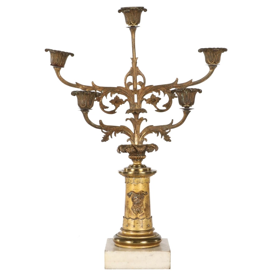 Baroque Style Gilt Metal and Marble Five-Light Candelabra with Satyr