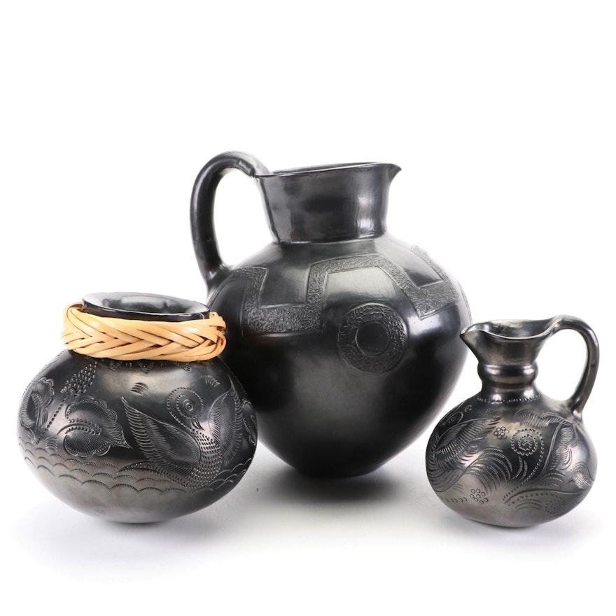 Blackware Style Incised Pottery Jugs and Vase