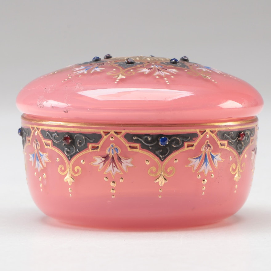 Moser Embellished Hand-Painted Enameled Pink Opaline Glass Dresser Box