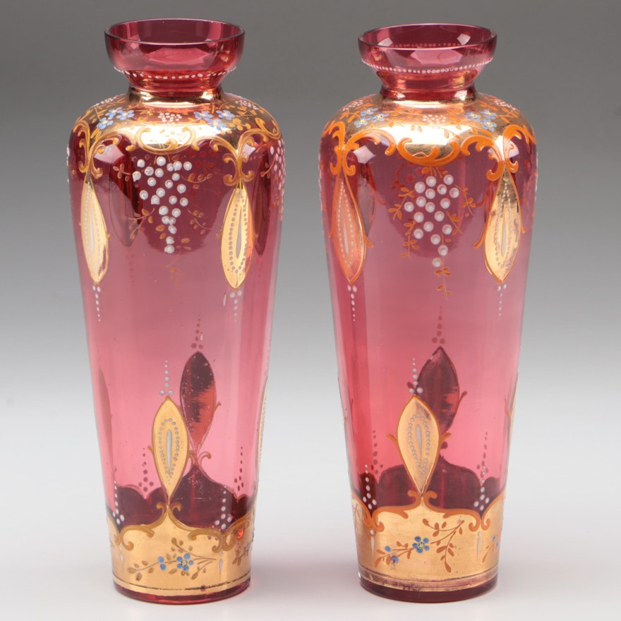 Moser Gilt and Enameled Cranberry Glass Vases, Late 19th/Early 20th Century