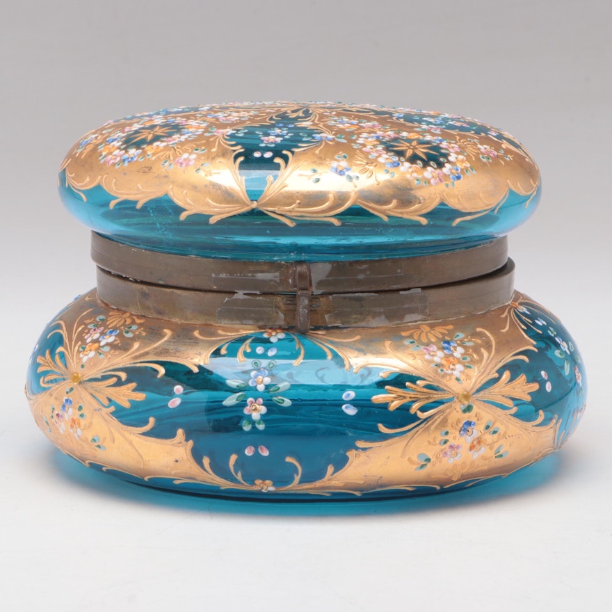 Moser Bohemian Gilt and Enamel Floral Blue Art Glass Dresser Box