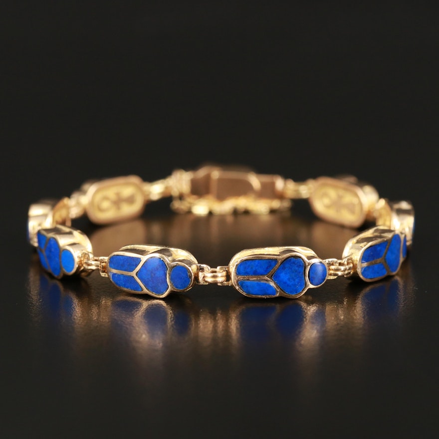 Egyptian 18K Lapis Lazuli Scarab and Ankh Bracelet