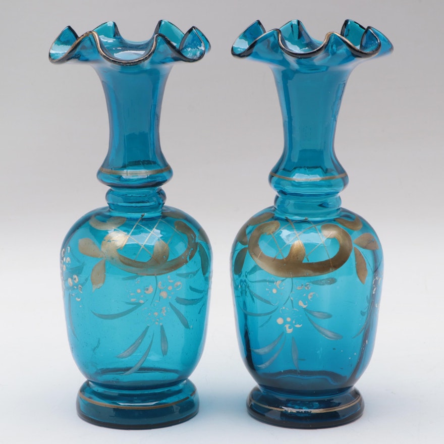 Moser Gilt and Enameled Blue Glass Vases with Fluted Rims
