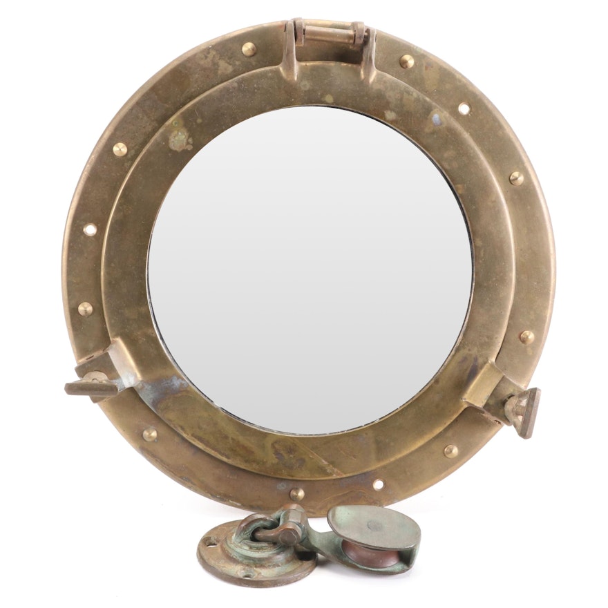 Brass Ship's Porthole Mirror with Bronze Wall Mount Pulley