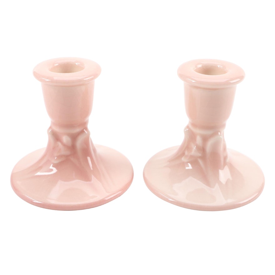 Rookwood Pottery Pink High Gloss Production Candlesticks, 1900