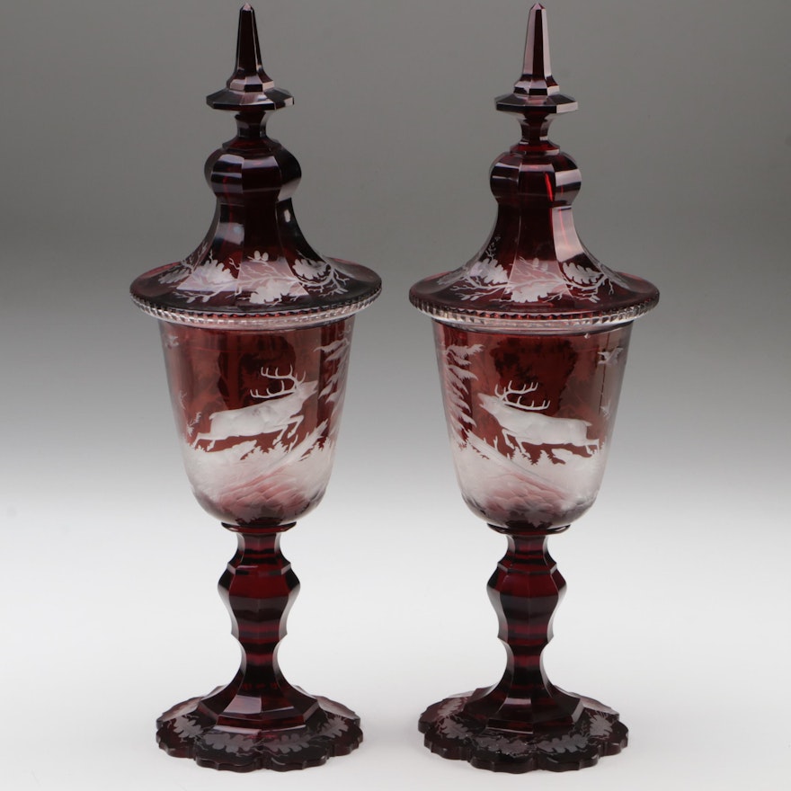 Moser Ruby Cut to Clear Glass Urns with Forest Scene, Late 19th/Early 20th C.