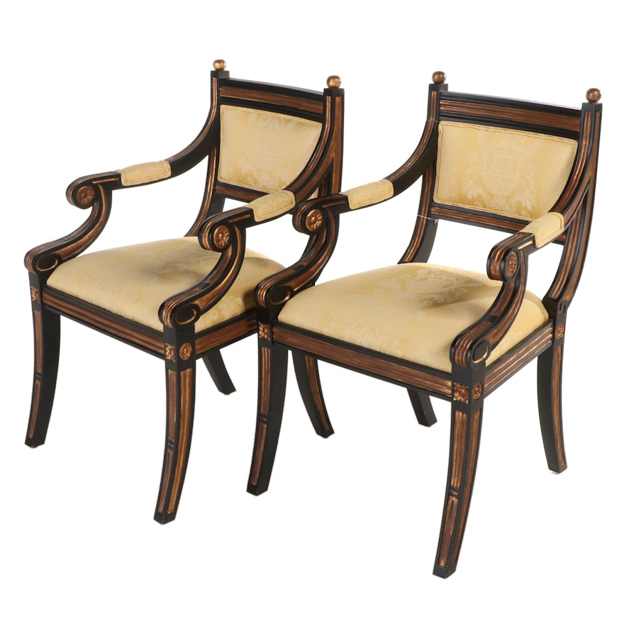 Pair of Regency Style Ebonized and Parcel-Gilt Upholstered Armchairs