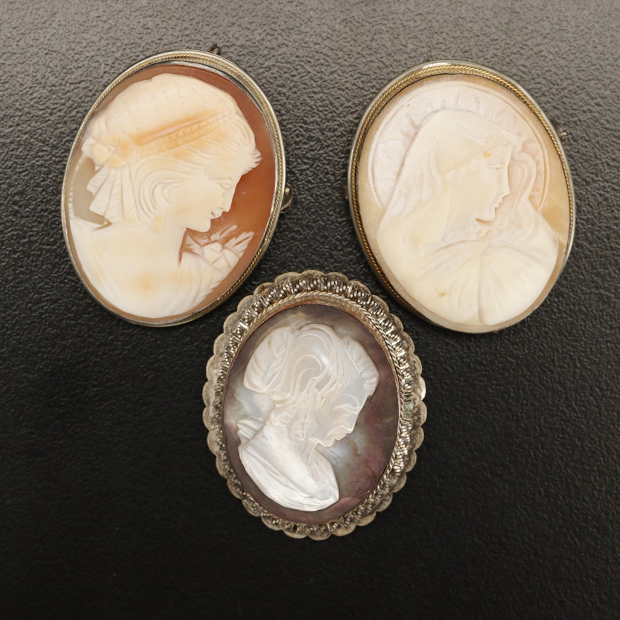 Vintage Cameo Converter Brooches Including 800 Silver