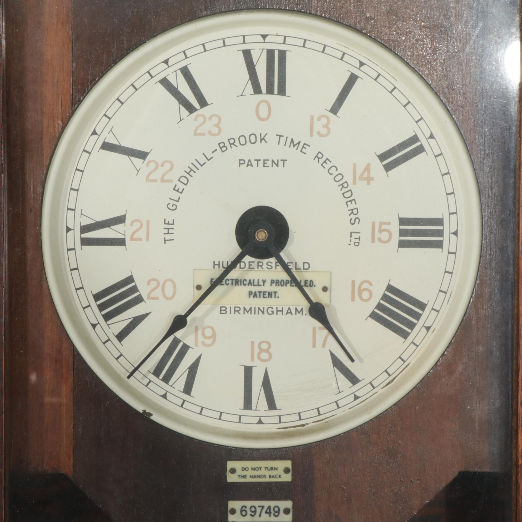 The Gledhill-Brook Time Recorders Ltd. Oak Cased Time Clock, Early 20th Century
