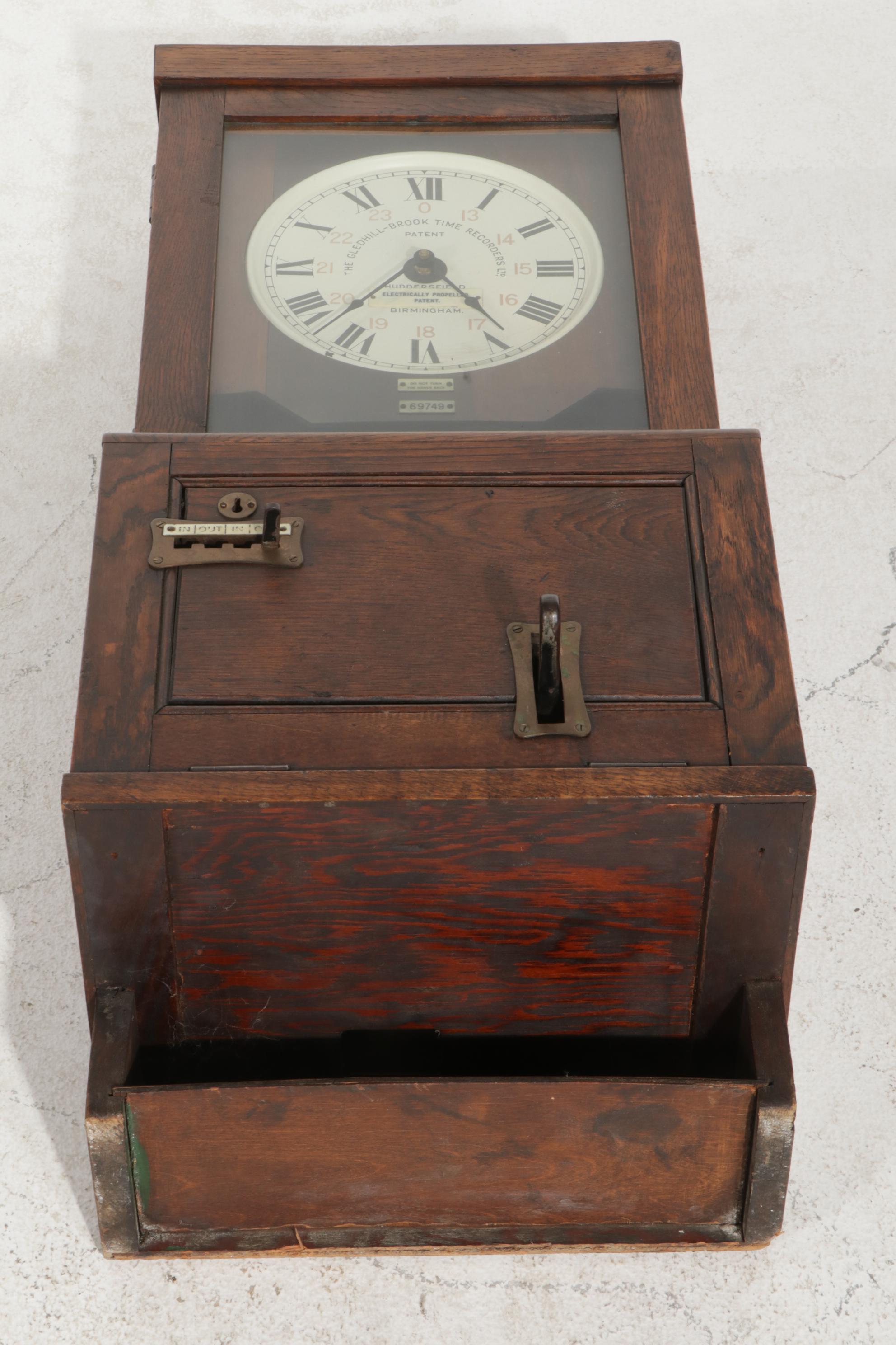 The Gledhill-Brook Time Recorders Ltd. Oak Cased Time Clock, Early 20th Century