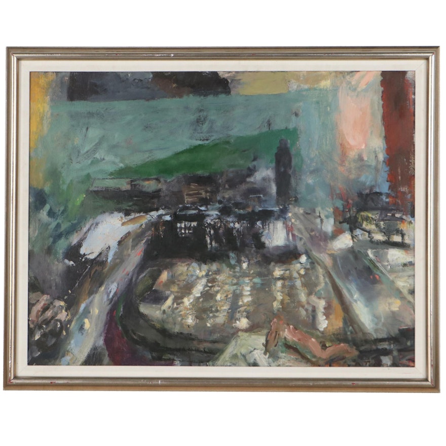 Abstract Cityscape Oil Painting, Mid-20th Century