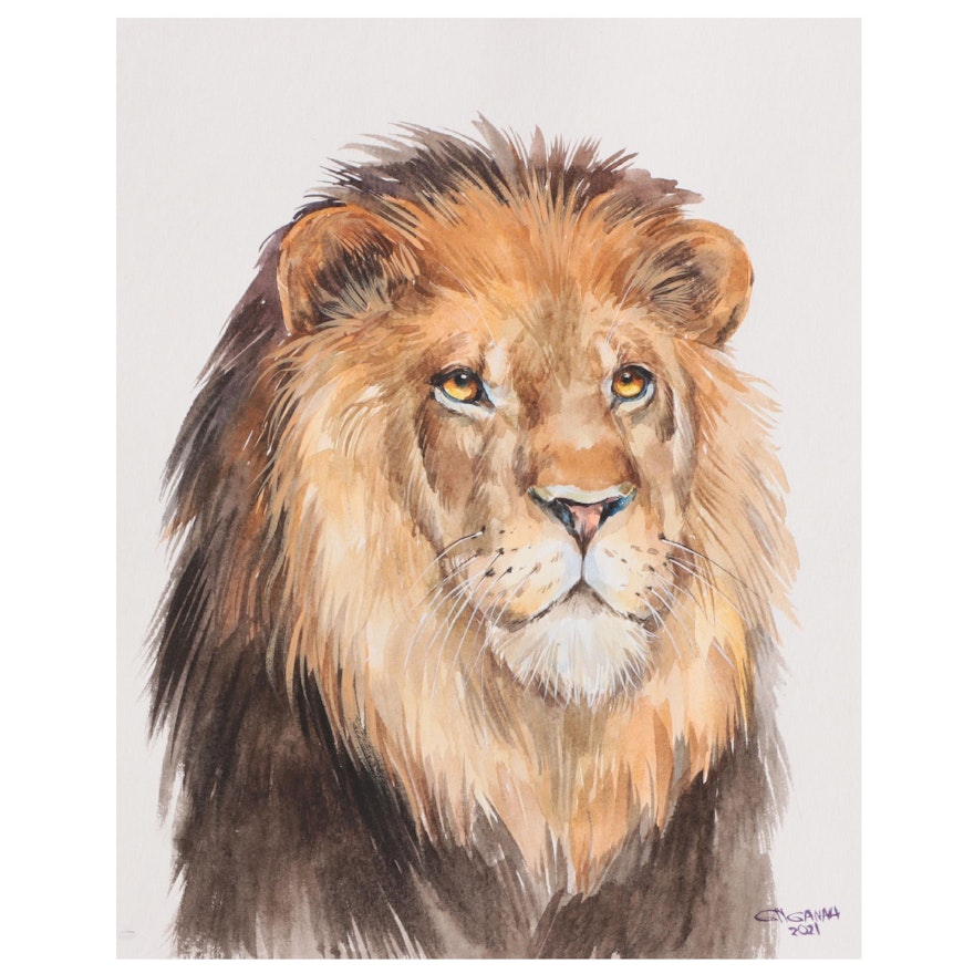 Ganna Melnychenko Watercolor Painting "Lion Portrait," 2021