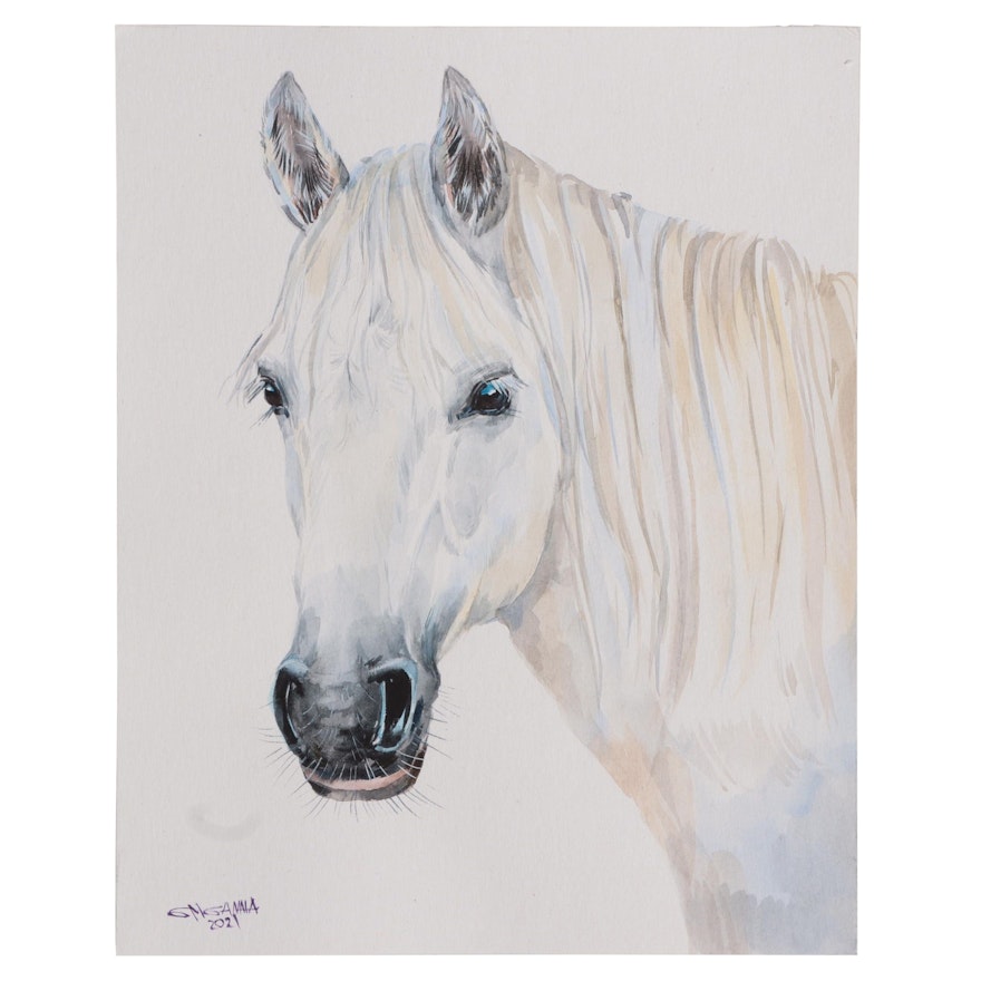 Ganna Melnychenko Watercolor Painting "White Horse Portrait," 2021