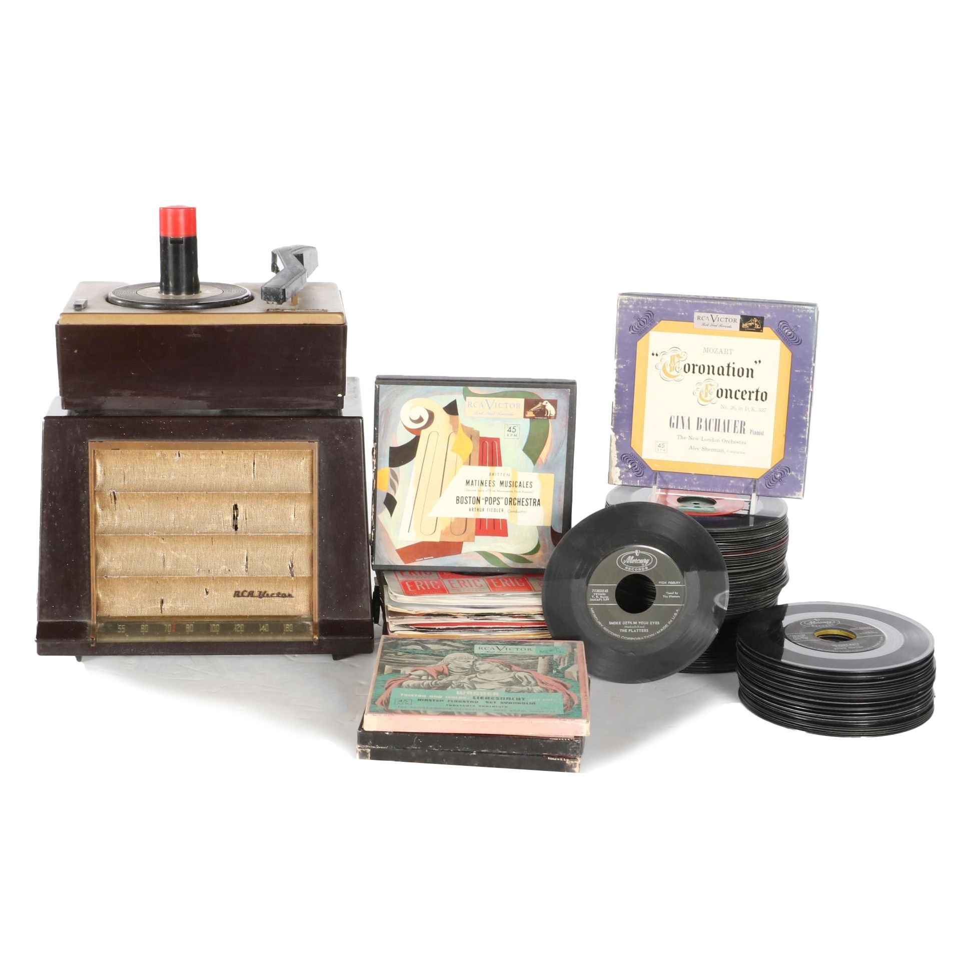 RCA Victor 45-J-9 Portable 45 RPM Record Player with Records