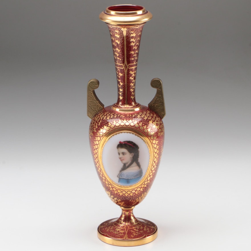 Moser Gilt Ruby Glass Vase with Applied Hand-Painted Portrait Medallion