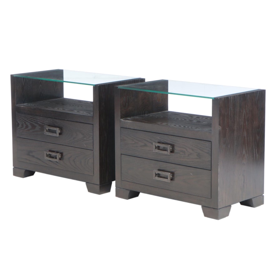 Pair of Bernhardt "Mercer" Ash-Veneered and Glass Top Nightstands