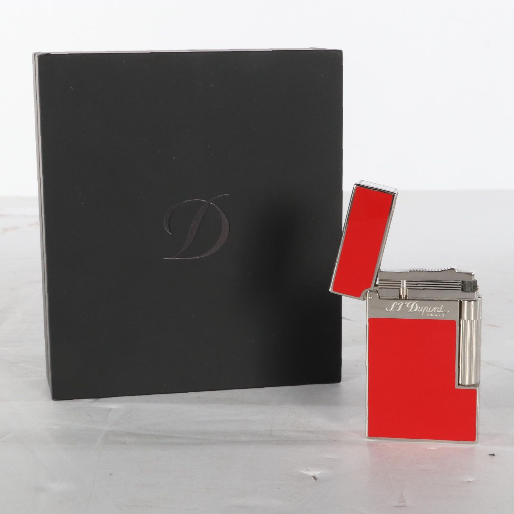 S.T. Dupont Ligne 2 Palladium and Red Lacquer Lighter, Davidoff Wooden Matchbox