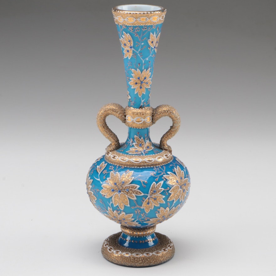 Moser Gilt and Enamel Floral and Foliate Blue Opaline Glass Vase