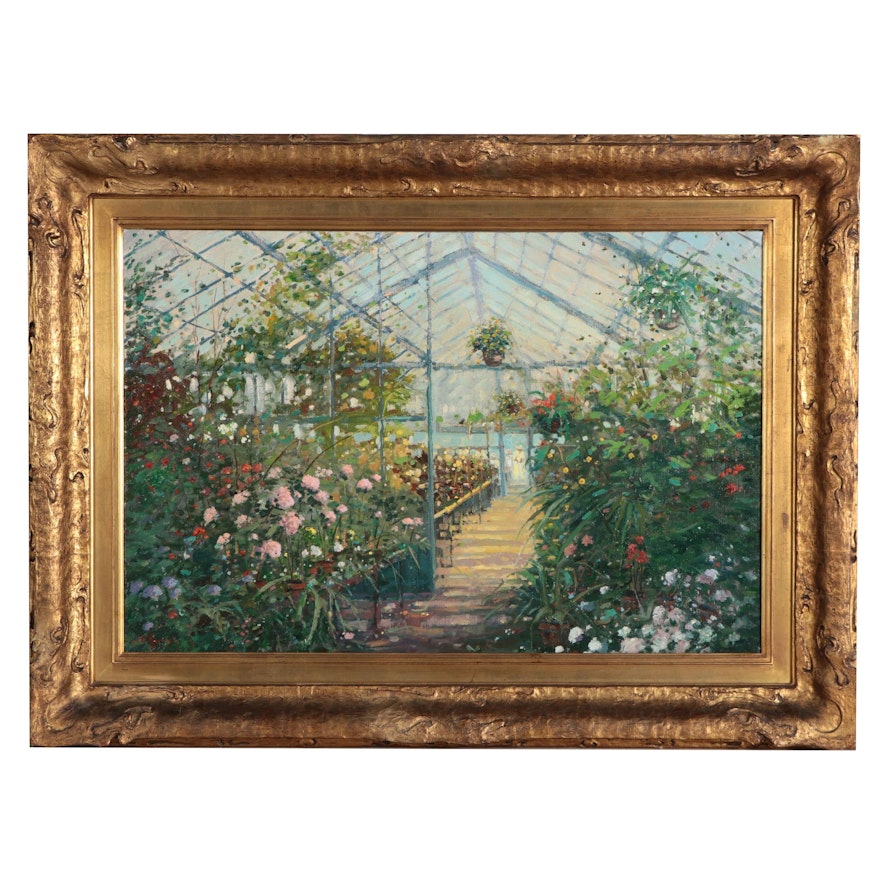 Franklin Edward Morris Greenhouse Scene Oil Painting, Late 20th Century